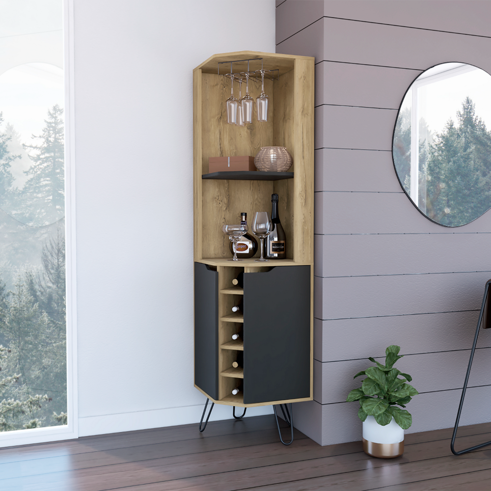 Corner Bar Cabinet Leverkusen Six Wine Cubbies Aged Oak Black