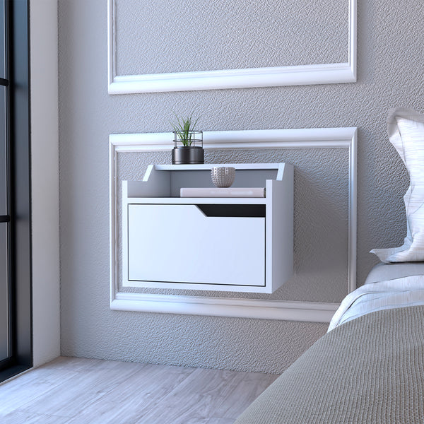 Floating Nightstand Chester, Dual Top Surface with Built-in Drawer Storage, White Finish