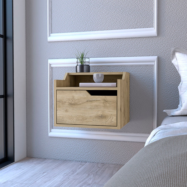 Floating Nightstand Chester, Dual Top Surface with Built-in Drawer Storage, Macadamia Finish