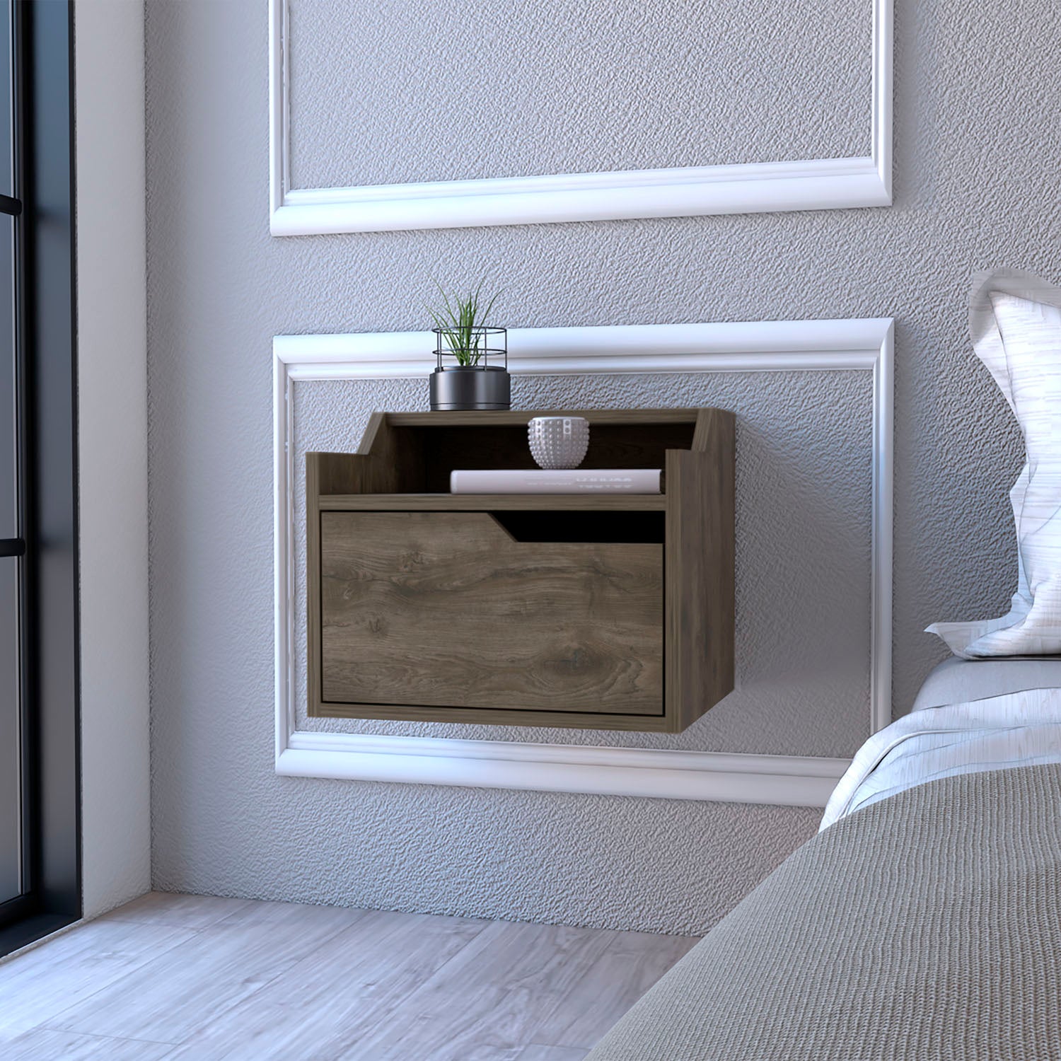 Floating Nightstand Floating Nightstand Chester, Dual Top Surface with Built-in Drawer Sto ...