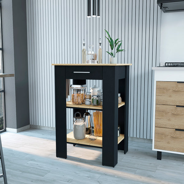 Kitchen Island 23 Inches Dozza with Single Drawer and Two-Tier Shelves, Black Wengue / Light Oak Finish