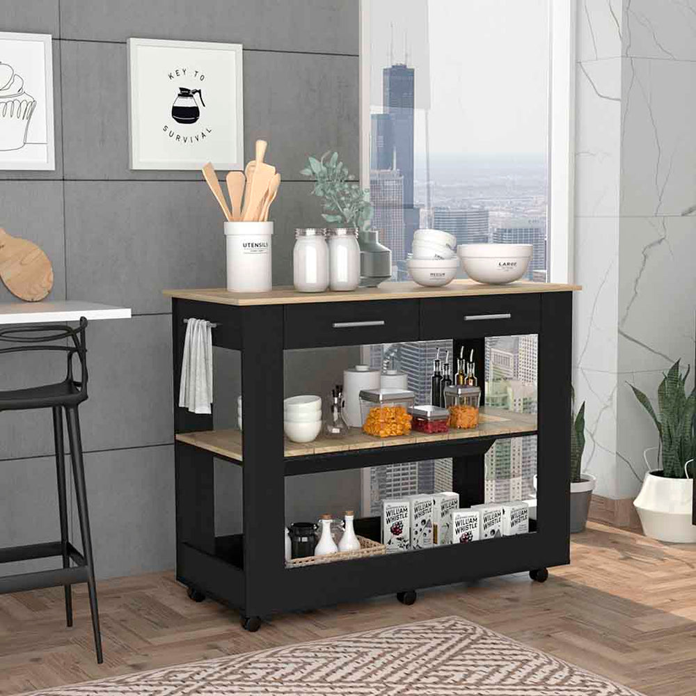 Kitchen Island 46 Inches Dozza, Two Drawers, Black Wengue / Light Oak Finish