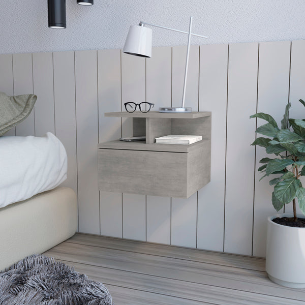 Floating Nightstand Flopini with 1-Drawer and Shelves, Concrete Gray Finish