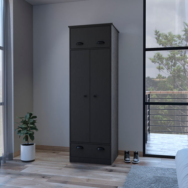 Armoire with Two-Doors Dumas, Top Hinged Drawer and 1-Drawer, Black Wengue Finish