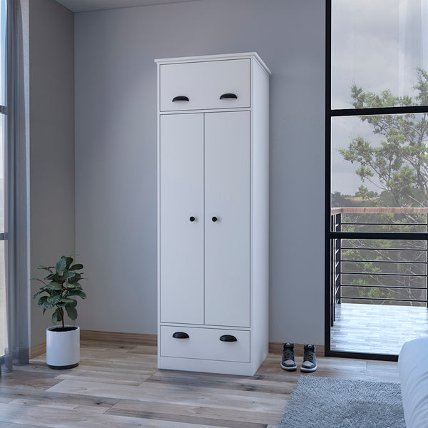 Armoire with Two-Doors Dumas, Top Hinged Drawer and 1-Drawer, White Finish