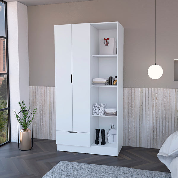 Armoire Dover with Four Storage Shelves, Drawer and Double Door, White Finish