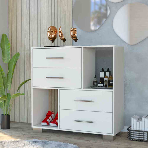 Dresser Hetzs, Four Drawers, Two Open Shelves, White Finish