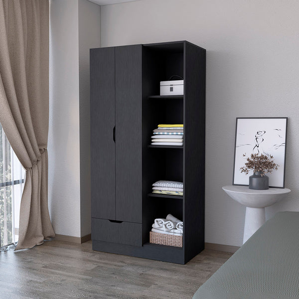 Armoire Dover, 4 Shelves, Drawer and Double Door, Black Wengue Finish