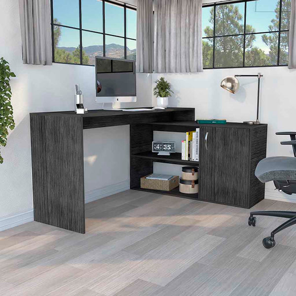 L-Shaped Desk Desti, Single Door Cabinet, Smokey Oak Finish
