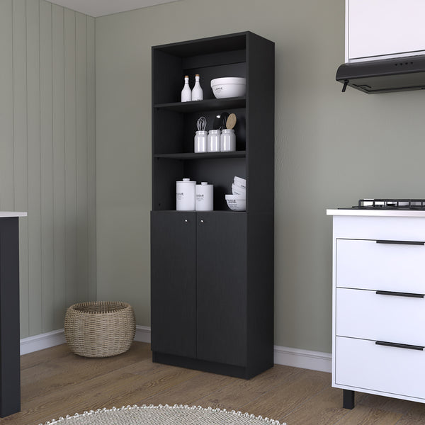 Bookcase Dual-Door Benzoni, Tier-Shelf in Modern Design, Black Wengue Finish