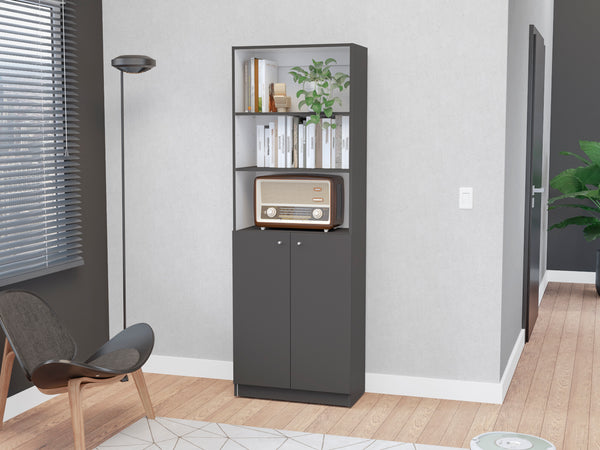 Bookcase Dual-Door Benzoni, Tier-Shelf in Modern Design, Matt Gray / White Finish