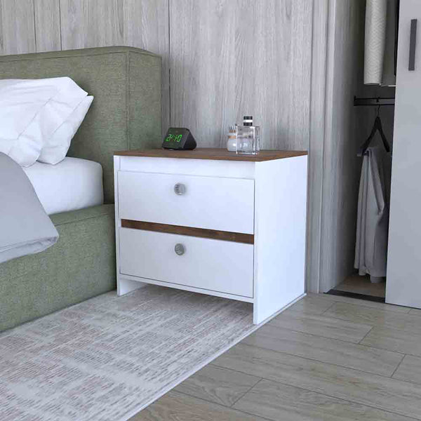 Nightstand Dreams, Two Drawers, White / Dark Brown Finish