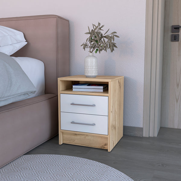 Nightstand Cartiz, Two Drawers, White / Light Oak Finish