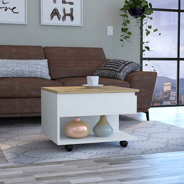 Lift Top Coffee Table Mercuri, Casters, White / Light Oak Finish