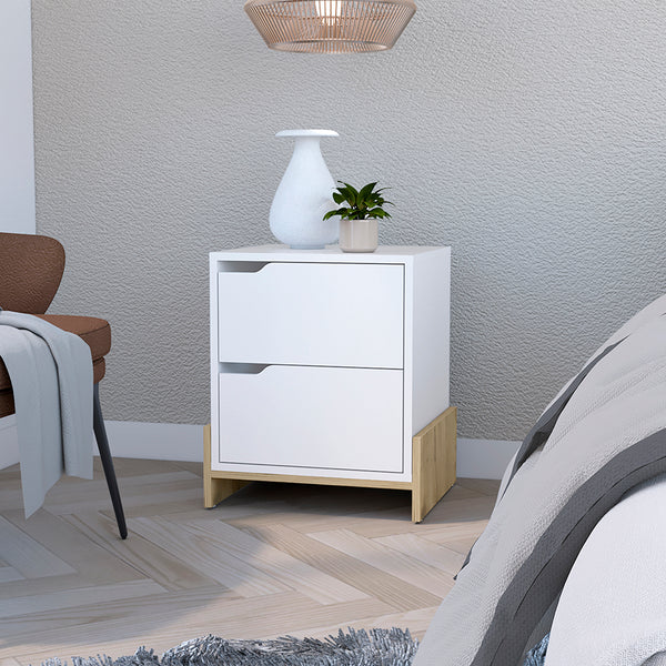 Nightstand Brookland, Bedside Table with Double Drawers and Sturdy Base, White / Macadamia Finish