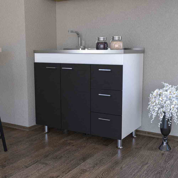 Utility Sink  Kisco, Three Drawers, Double Door, White / Black Wengue Finish