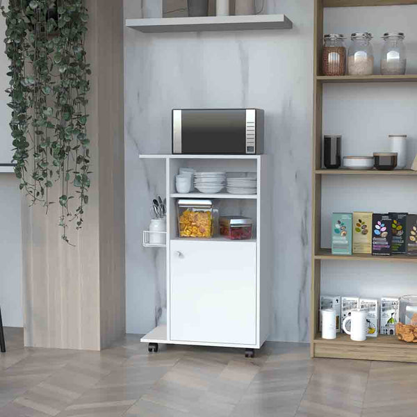 Kitchen Cart Kryot, Single Door Cabinet, Four Casters, White Finish