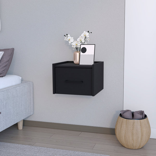 Floating Nightstand Calion Compact Design with Handy Drawer Storage, Black Wengue Finish