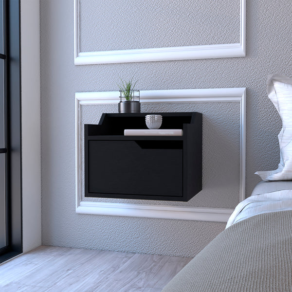 Floating Nightstand Chester, Dual Top Surface with Built-in Drawer Storage, Black Wengue Finish