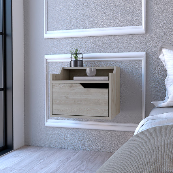 Floating Nightstand Chester, Dual Top Surface with Built-in Drawer Storage, Light Gray Finish