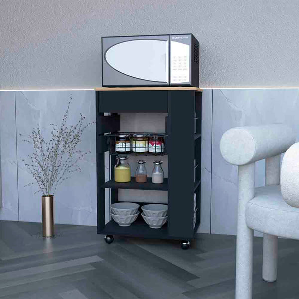 Kitchen Cart Sonex, One Drawer, Two Open Shelves, Four Casters, Black Wengue / Light Oak Finish