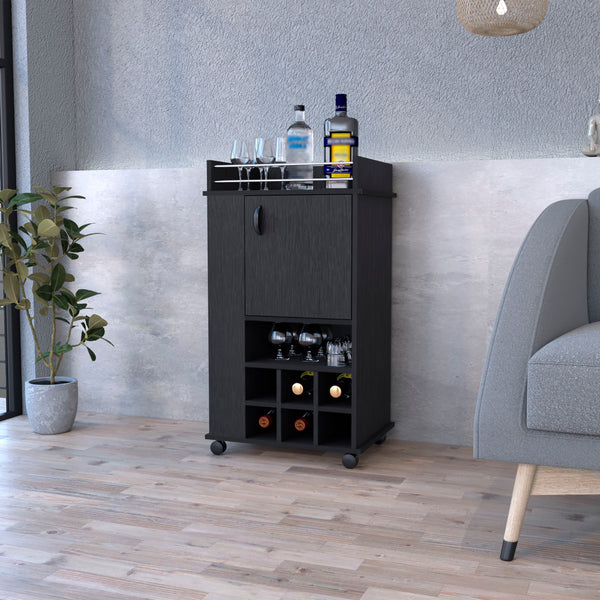 Bar Cart with Casters Reese, Six Wine Cubbies and Single Door, Black Wengue Finish
