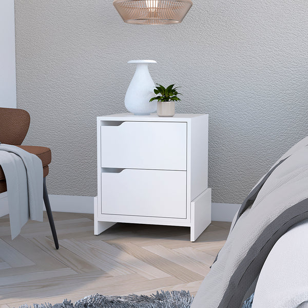 Nightstand Brookland, Bedside Table with Double Drawers and Sturdy Base, White Finish
