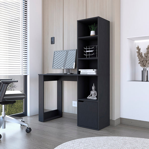 Office Desk Aragon with Four-Tier Bookcase and Lower Cabinet, Black Wengue Finish