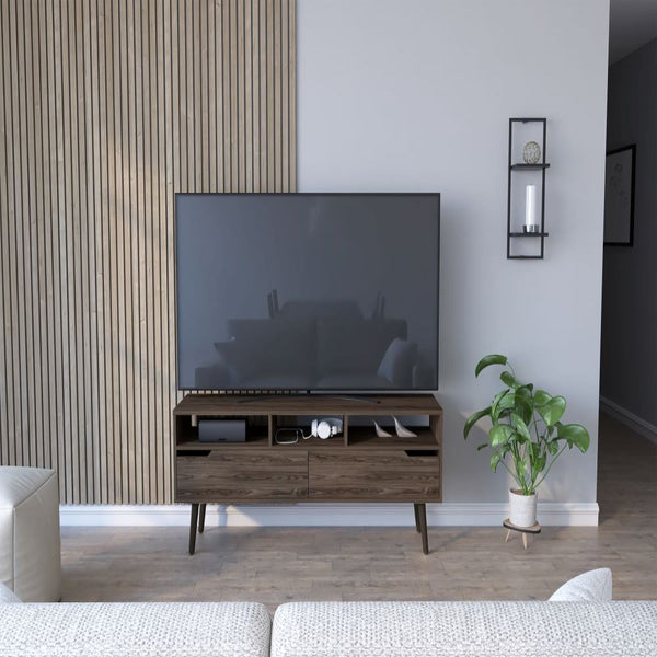 Tv Stand for TV´s up 52" Bull, Three Open Shelves, Two Flexible Drawers, Dark Walnut Finish