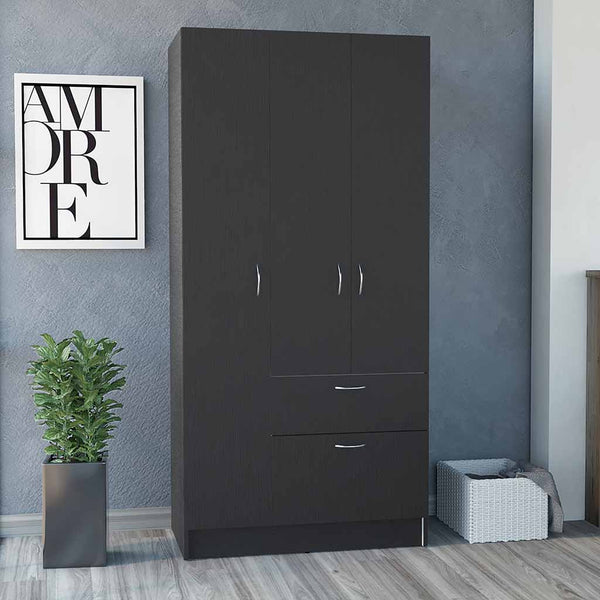 Armoire Cobra, Double Door Cabinets, One Drawer, Five Shelves, Black Wengue / White Finish