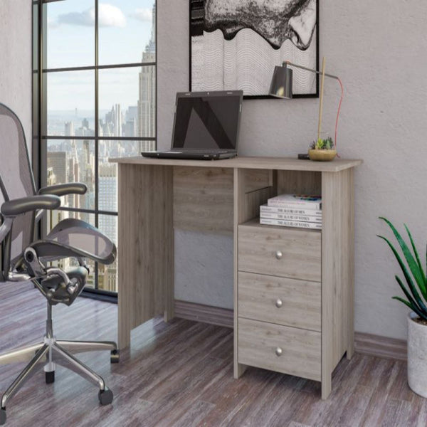 Writing Desk Brentwood with Three Drawers and Open Storage Shelf, Light Gray Finish