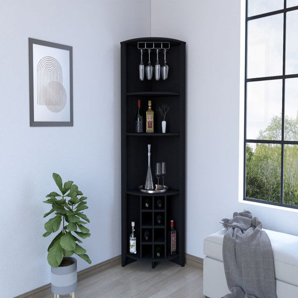 Corner Bar Cabinet  Castle, Three Shelves, Eight Wine Cubbies, Black Wengue Finish