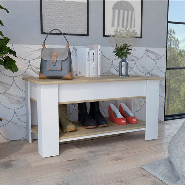 Storage Table Polgon, Extendable Table Shelf, Lower Shelf, Light Oak / White Finish