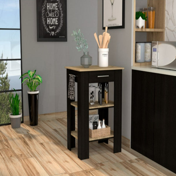 Kitchen Island 23 Inches Dozza with Single Drawer and Two-Tier Shelves, Black Wengue / Light Oak Finish