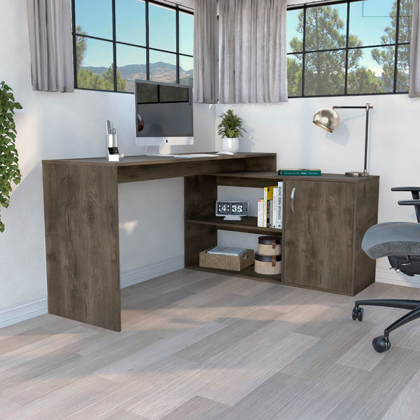 L-Shaped Desk Desti, Single Door Cabinet, Dark Brown Finish
