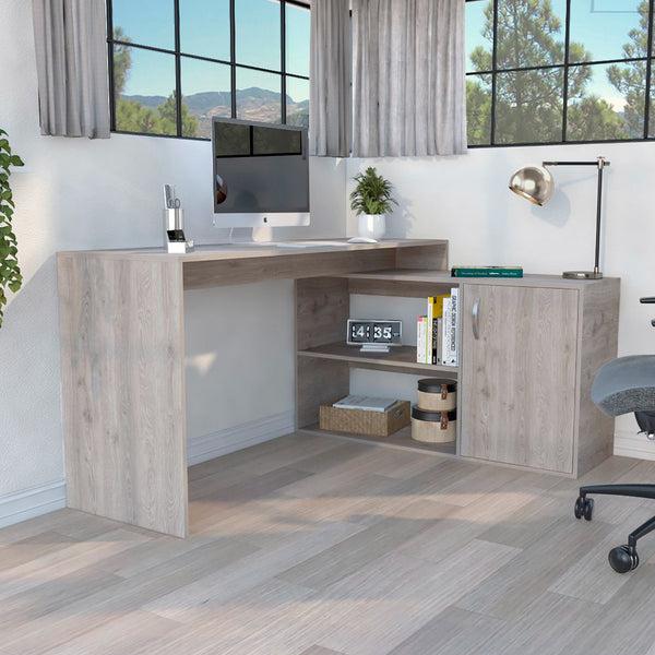 L-Shaped Desk Desti, Single Door Cabinet, Light Gray Finish