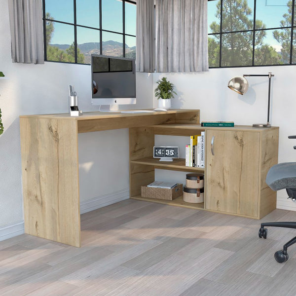 L-Shaped Desk Desti, Single Door Cabinet, Light Oak Finish