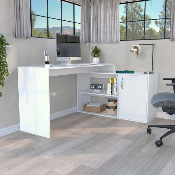 L-Shaped Desk Desti, Single Door Cabinet, White Finish