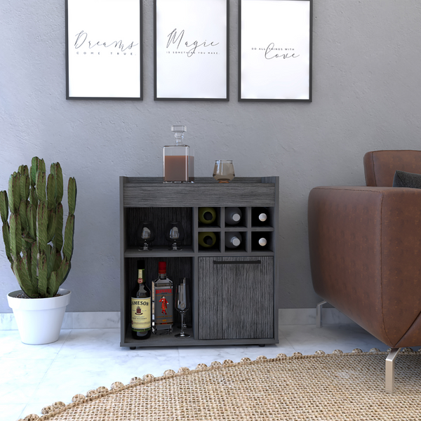 Bar Cabinet Dext, Two Concealed Shelves, Six Wine Cubbies, Light Gray Finish