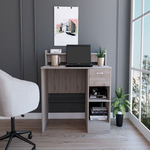 Computer Desk Delmar with Open Storage Shelves and Single Drawer, Light Gray Finish