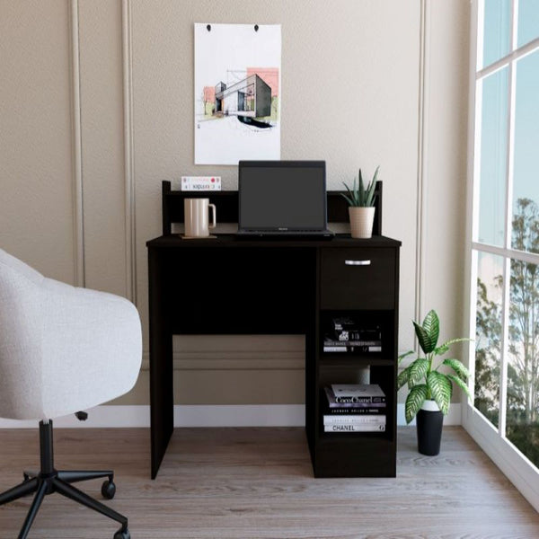 Computer Desk Delmar with Open Storage Shelves and Single Drawer, Black Wengue Finish