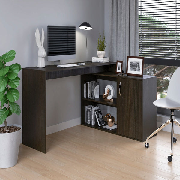 L-Shaped Desk Desti, Single Door Cabinet, Black Wengue Finish