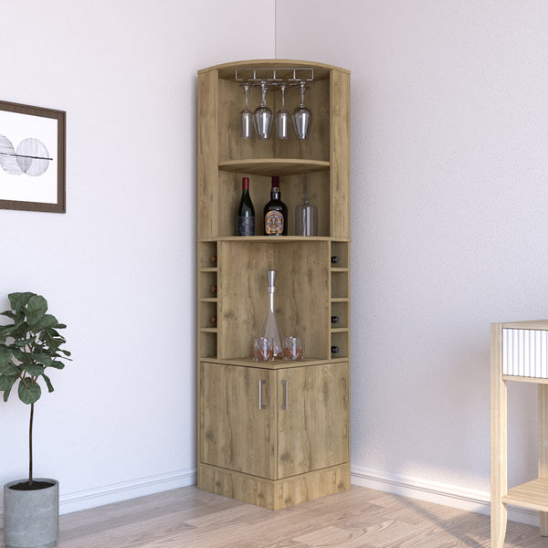 Corner Bar Cabinet Papprika, 8 Wine Cubbies, Double Door, Aged Oak Finish