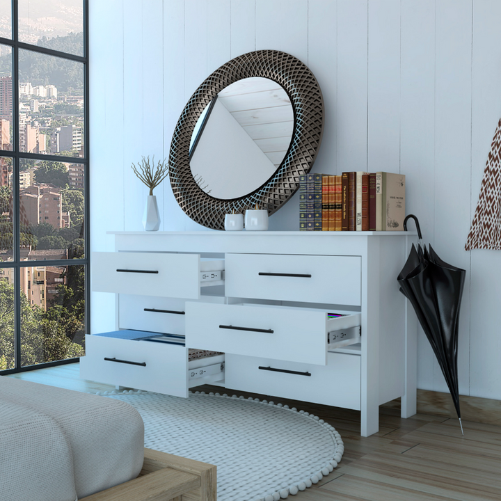 6 Drawer Double Dresser Wezz, Four Legs, Superior Top, White Finish 6 Drawer Double Dresser Wezz, Four Legs, Superior Top, White Finish