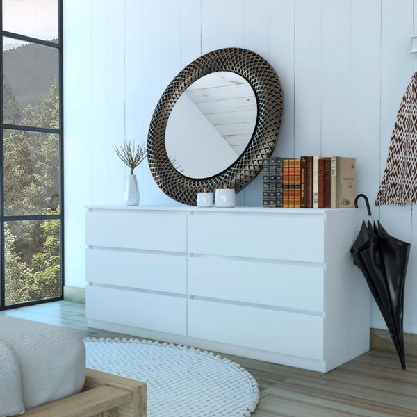 6 Drawer Double Dresser Wezz, Four Legs, Superior Top, White Finish 6 Drawer Double Dresser Wezz, Four Legs, Superior Top, White Finish