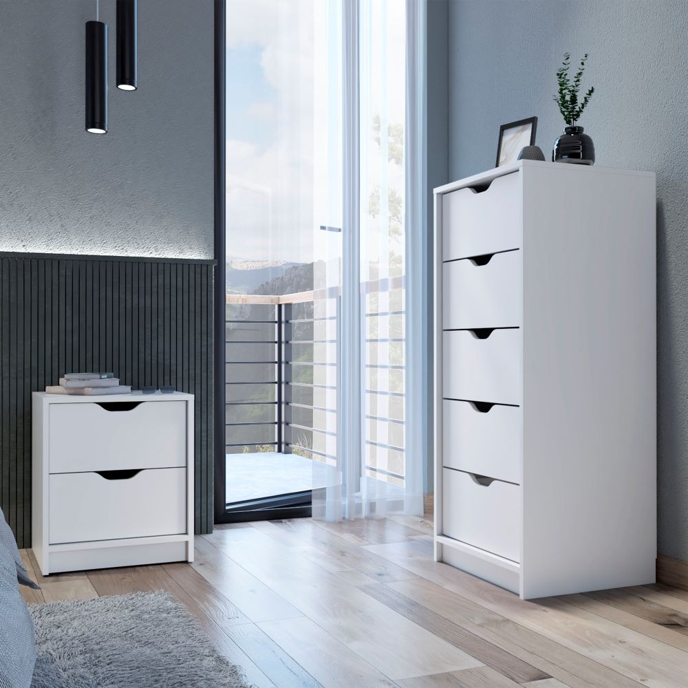 Raymer 2 Piece Bedroom Set, Nightstand + Dresser, White Finish