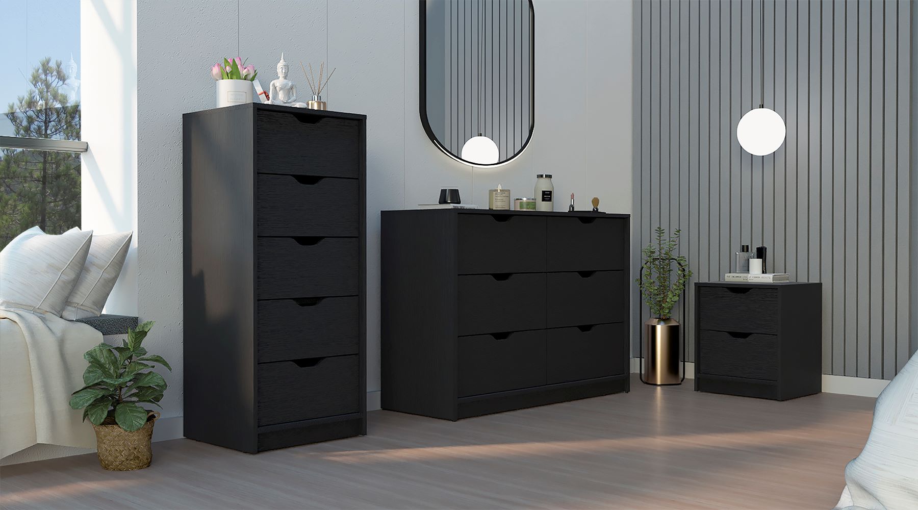 Stockley 3 Piece Bedroom Set, Nightstand + Dresser + Dresser Narrow, B
