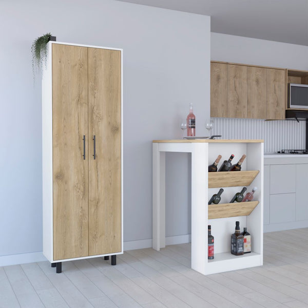 Reston 2 Piece Kitchen Set, Kitchen Island + Pantry Cabinet, White / Light Oak Finish