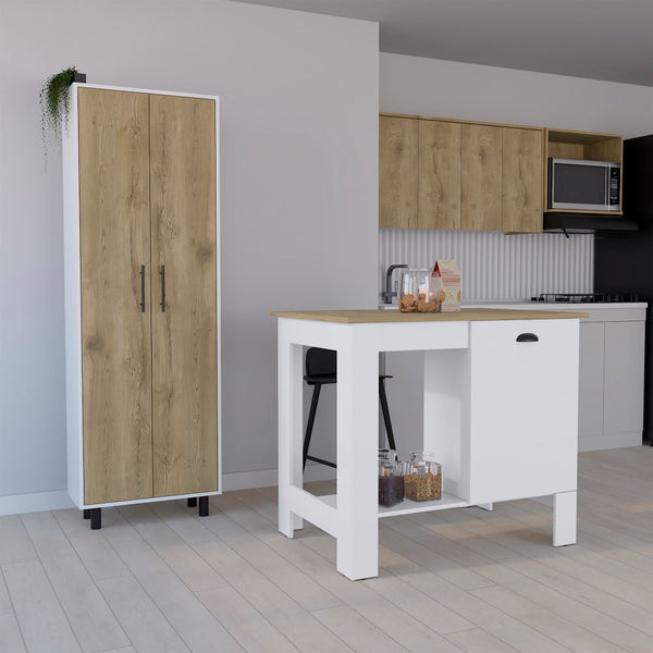 Arlington 2 Piece Kitchen Set, Kitchen Island + Pantry Cabinet, White / Light Oak Finish
